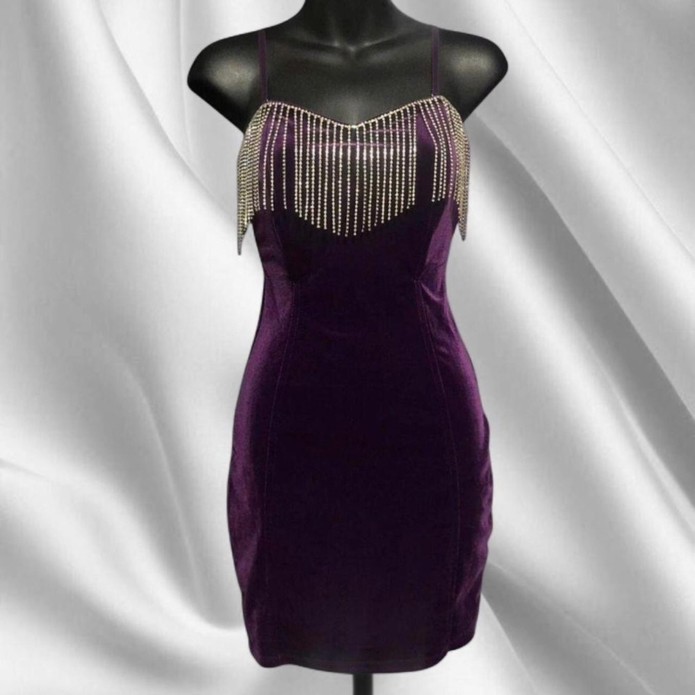 Purple Velvet Rhinestone Mini Dress